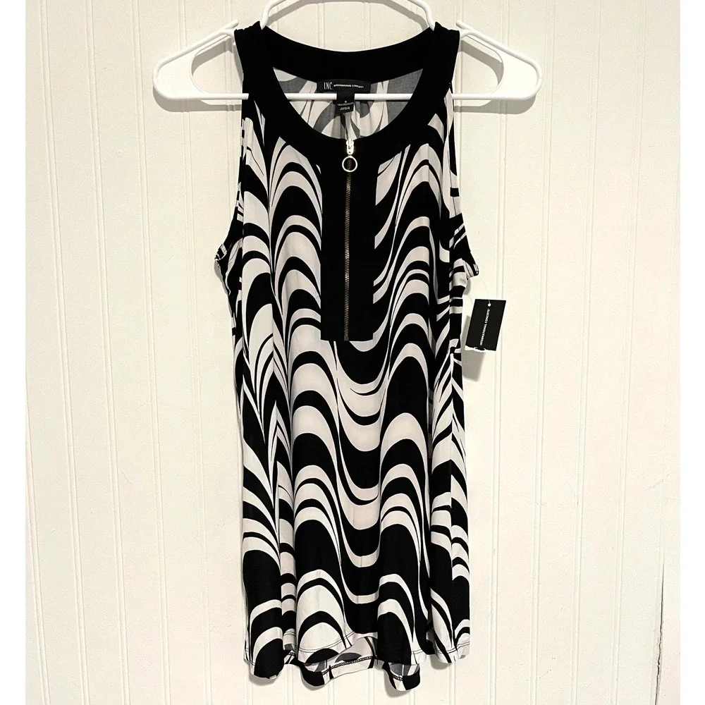 INC International Concepts Blouse Women Small Black White NWT Swirl Quarter Zip